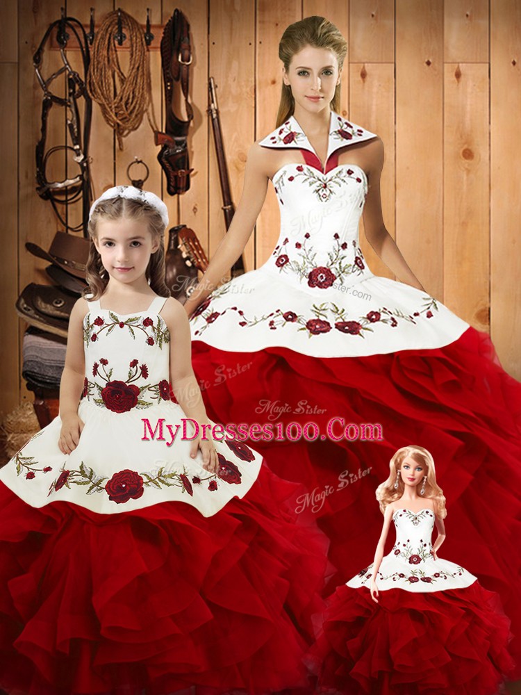 Delicate Floor Length Wine Red Sweet 16 Dresses Satin and Organza Sleeveless Embroidery and Ruffles