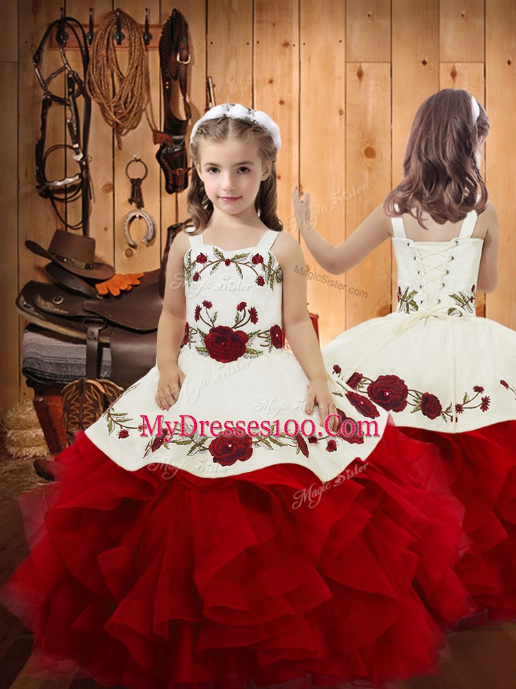 Delicate Floor Length Wine Red Sweet 16 Dresses Satin and Organza Sleeveless Embroidery and Ruffles