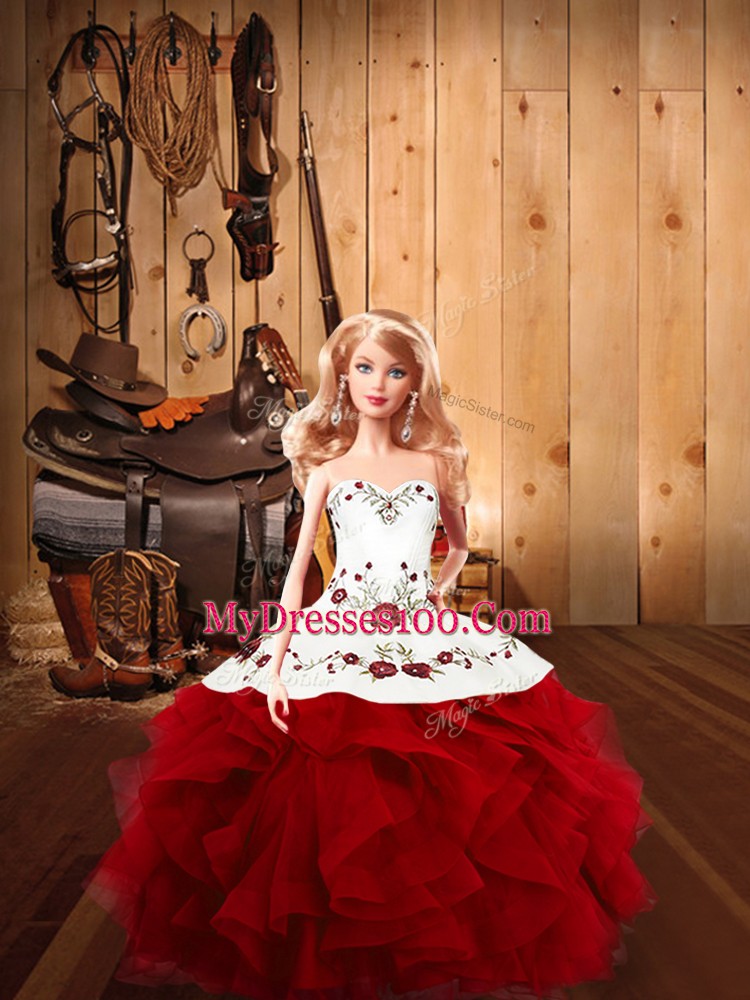 Delicate Floor Length Wine Red Sweet 16 Dresses Satin and Organza Sleeveless Embroidery and Ruffles
