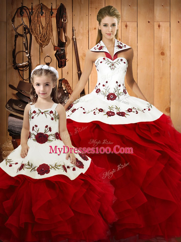 Delicate Floor Length Wine Red Sweet 16 Dresses Satin and Organza Sleeveless Embroidery and Ruffles