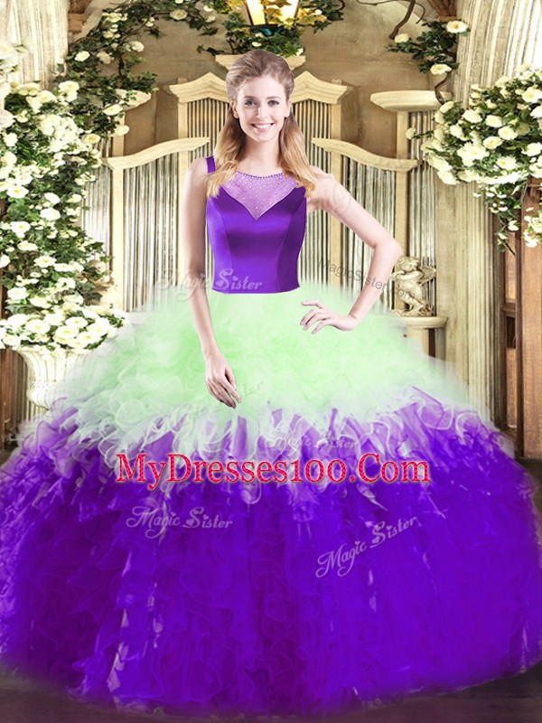 Popular Scoop Sleeveless Tulle Sweet 16 Quinceanera Dress Beading and Ruffles Side Zipper
