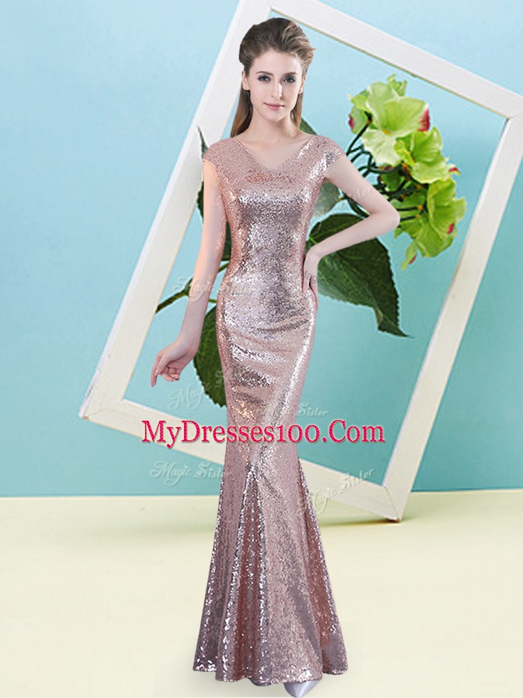 Custom Designed Gold Cap Sleeves Floor Length Sequins Zipper Dress for Prom
