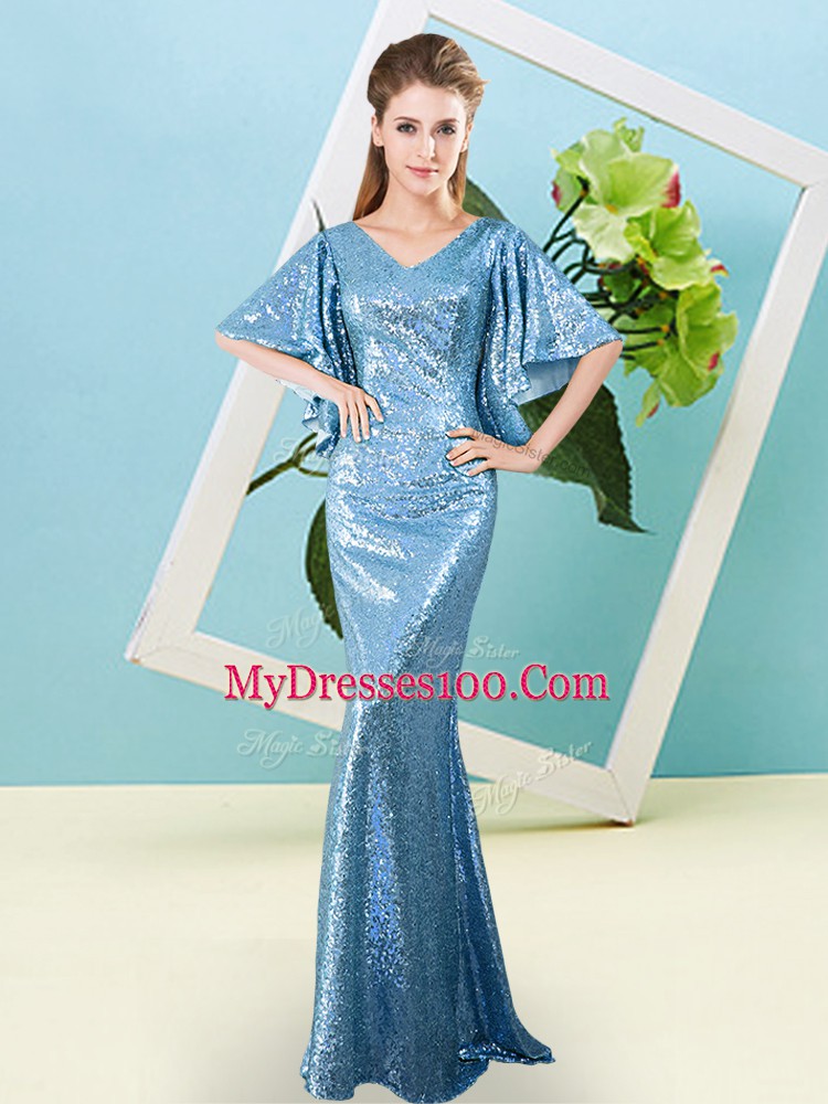V-neck Half Sleeves Sequined Prom Dress Sequins Zipper