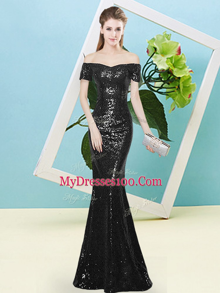Black Off The Shoulder Neckline Sequins Prom Dress Short Sleeves Zipper