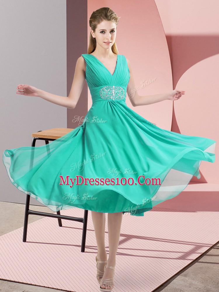 Modest Chiffon Sleeveless Knee Length Quinceanera Court Dresses and Beading