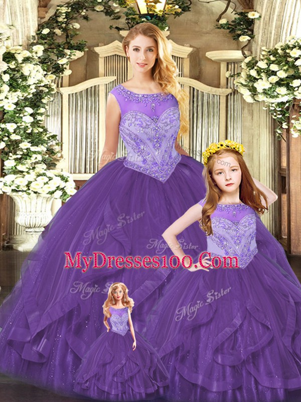 Smart Purple Scoop Lace Up Beading and Ruffles Sweet 16 Quinceanera Dress Sleeveless