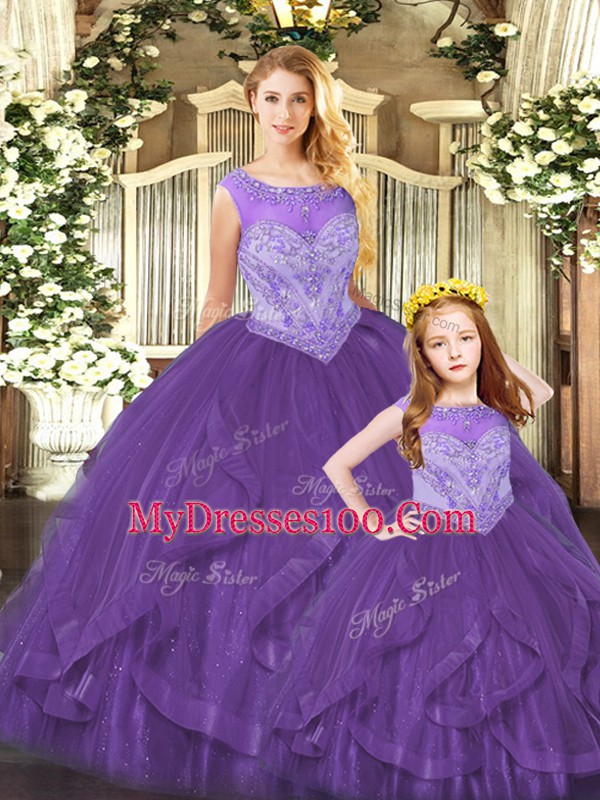 Smart Purple Scoop Lace Up Beading and Ruffles Sweet 16 Quinceanera Dress Sleeveless