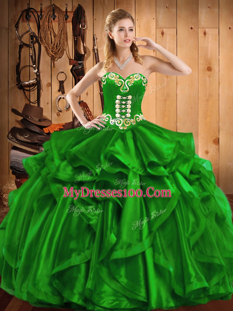Modern Green Ball Gowns Sweetheart Sleeveless Organza Floor Length Lace Up Embroidery and Ruffles Quinceanera Gowns