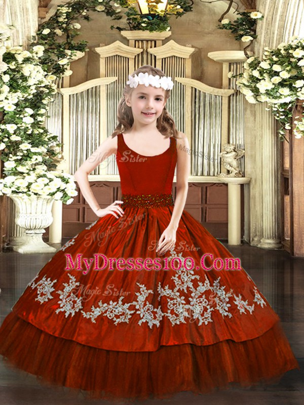 Popular Wine Red Ball Gowns Beading and Appliques Custom Made Pageant Dress Zipper Taffeta Sleeveless Floor Length