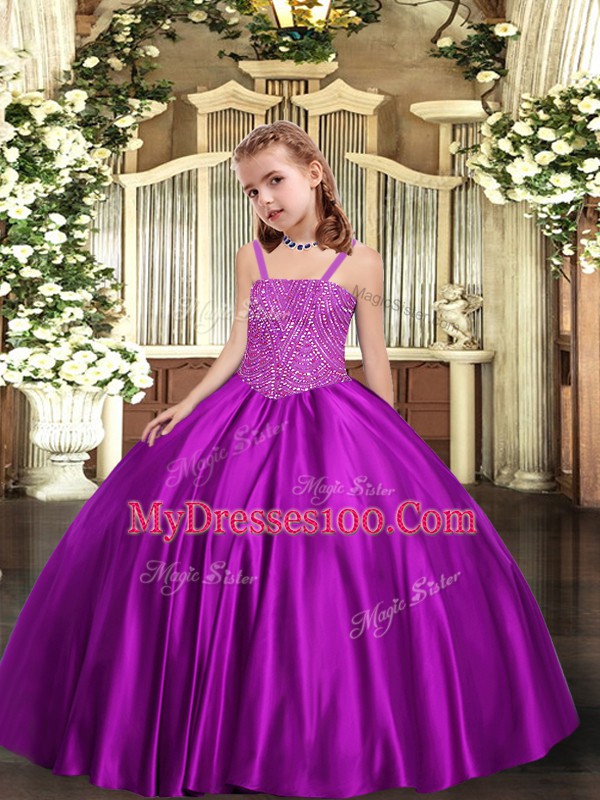 Purple Ball Gowns Beading Child Pageant Dress Lace Up Satin Sleeveless Floor Length