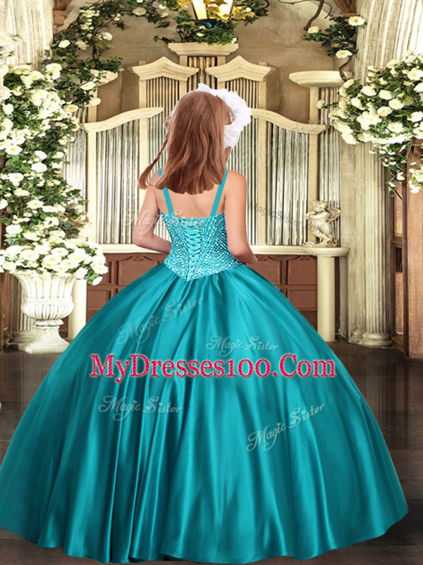 Purple Ball Gowns Beading Child Pageant Dress Lace Up Satin Sleeveless Floor Length
