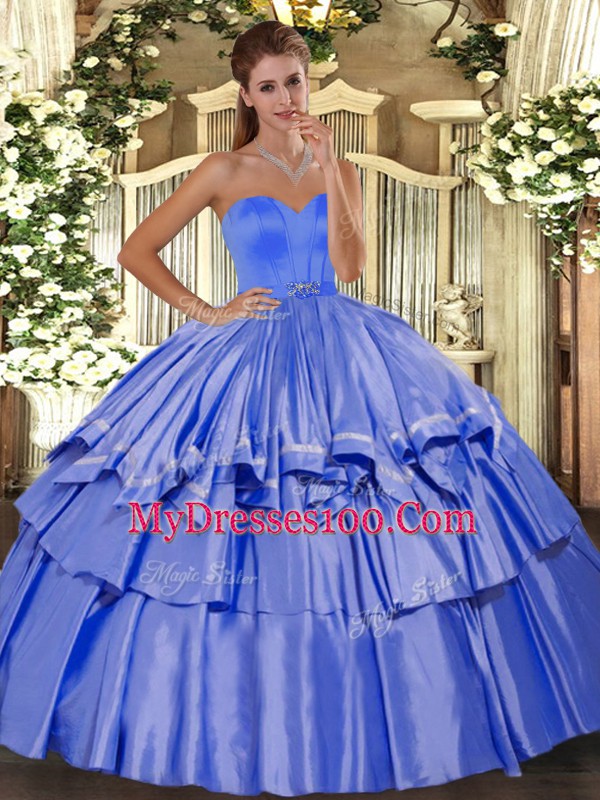 Super Blue Ball Gowns Taffeta Sweetheart Sleeveless Beading and Ruffled Layers Floor Length Lace Up Ball Gown Prom Dress