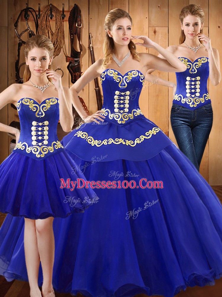 Blue Ball Gowns Tulle Sweetheart Sleeveless Embroidery Floor Length Lace Up Quinceanera Dresses