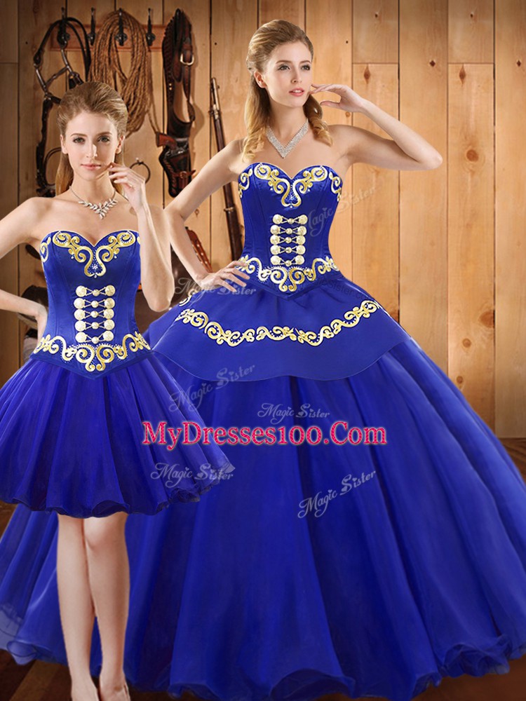 Blue Ball Gowns Tulle Sweetheart Sleeveless Embroidery Floor Length Lace Up Quinceanera Dresses