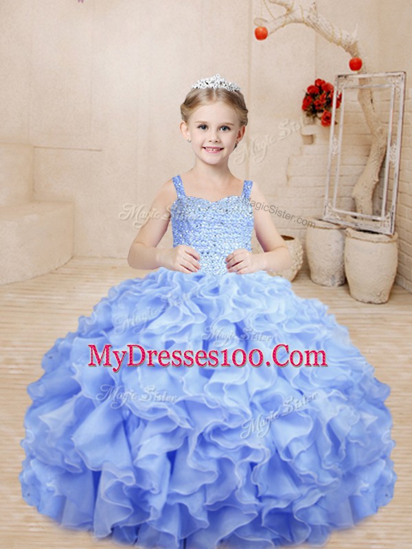 Perfect Lavender Straps Lace Up Beading and Ruffles Glitz Pageant Dress Sleeveless