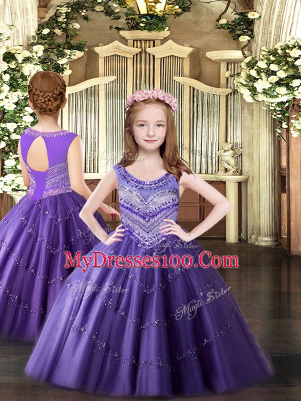 High End Lavender Lace Up Pageant Gowns For Girls Beading Sleeveless Floor Length