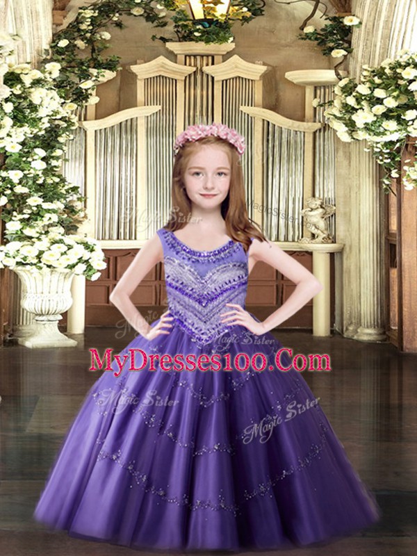 High End Lavender Lace Up Pageant Gowns For Girls Beading Sleeveless Floor Length