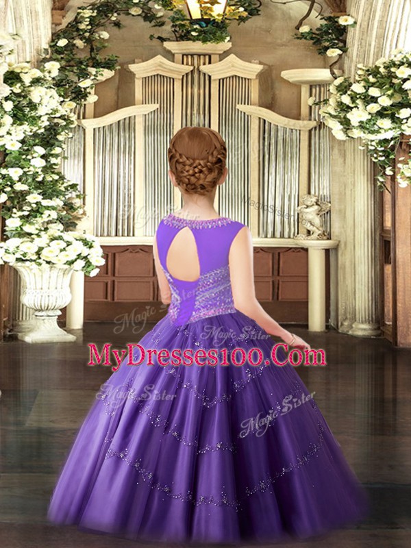 High End Lavender Lace Up Pageant Gowns For Girls Beading Sleeveless Floor Length