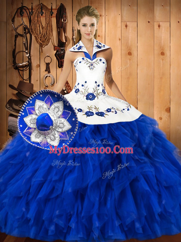 Graceful Blue And White Sleeveless Embroidery and Ruffles Floor Length Sweet 16 Dresses