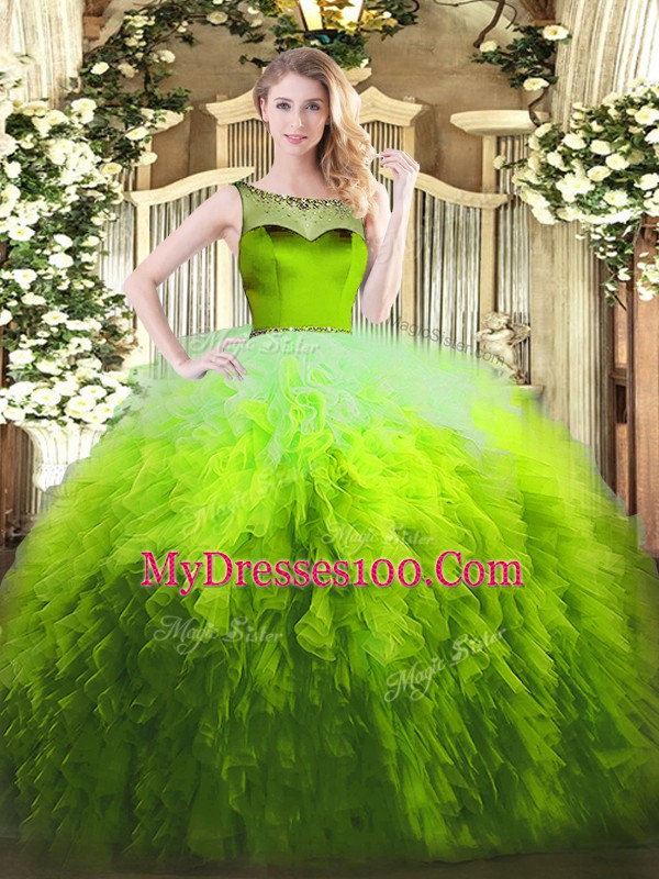 Multi-color Tulle Zipper 15 Quinceanera Dress Sleeveless Floor Length Beading and Ruffles