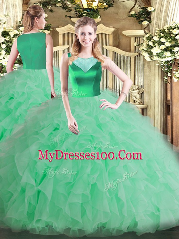 Sweet Sleeveless Floor Length Beading and Ruffles Side Zipper Quinceanera Dresses with Apple Green