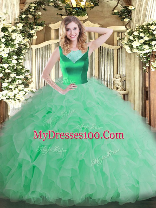 Sweet Sleeveless Floor Length Beading and Ruffles Side Zipper Quinceanera Dresses with Apple Green