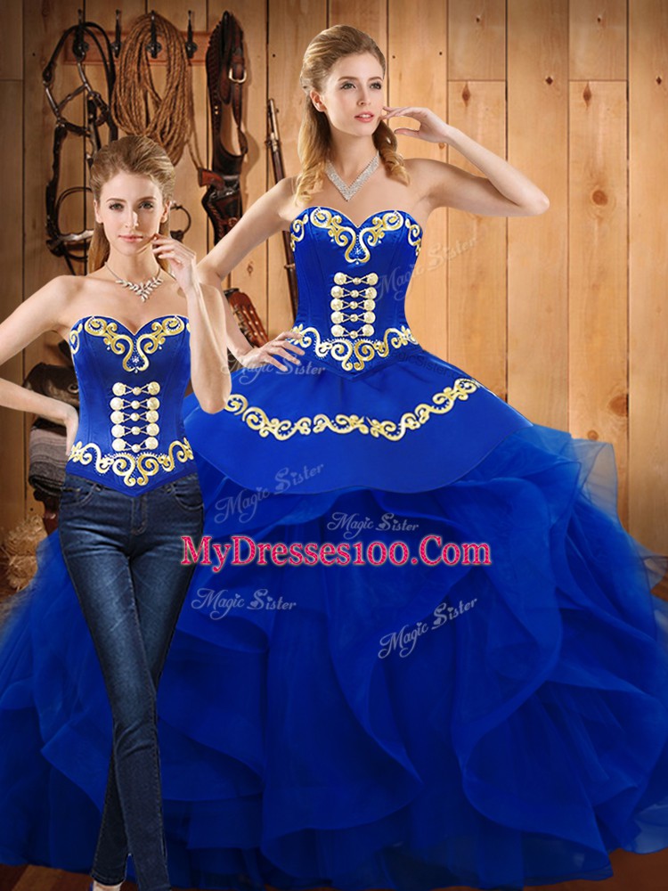 Sleeveless Lace Up Floor Length Embroidery and Ruffles Ball Gown Prom Dress