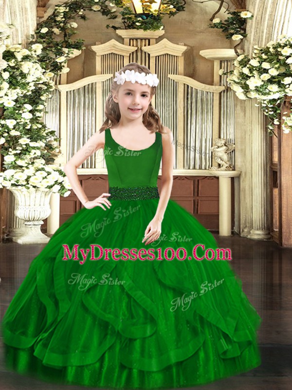 Best Dark Green Scoop Zipper Beading and Ruffles Little Girl Pageant Gowns Sleeveless