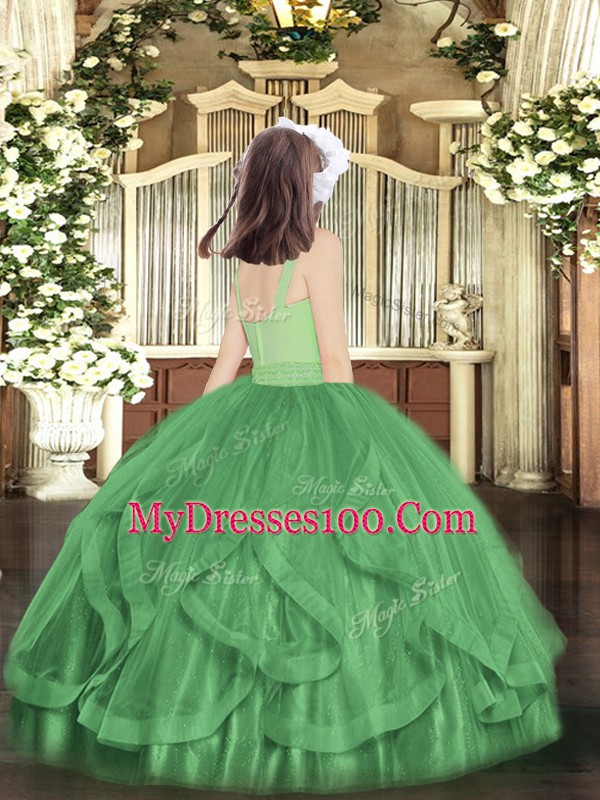 Best Dark Green Scoop Zipper Beading and Ruffles Little Girl Pageant Gowns Sleeveless