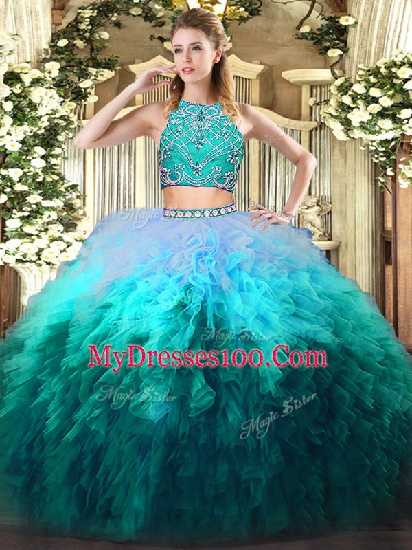 New Style Multi-color Zipper High-neck Beading and Ruffles Quinceanera Dress Tulle Sleeveless