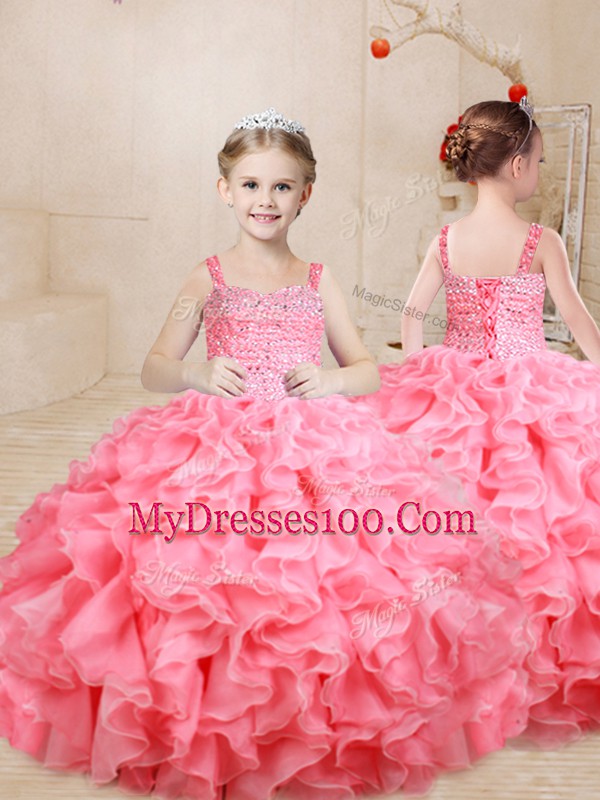 Floor Length Ball Gowns Sleeveless Watermelon Red Little Girls Pageant Gowns Lace Up