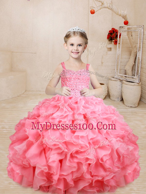 Floor Length Ball Gowns Sleeveless Watermelon Red Little Girls Pageant Gowns Lace Up