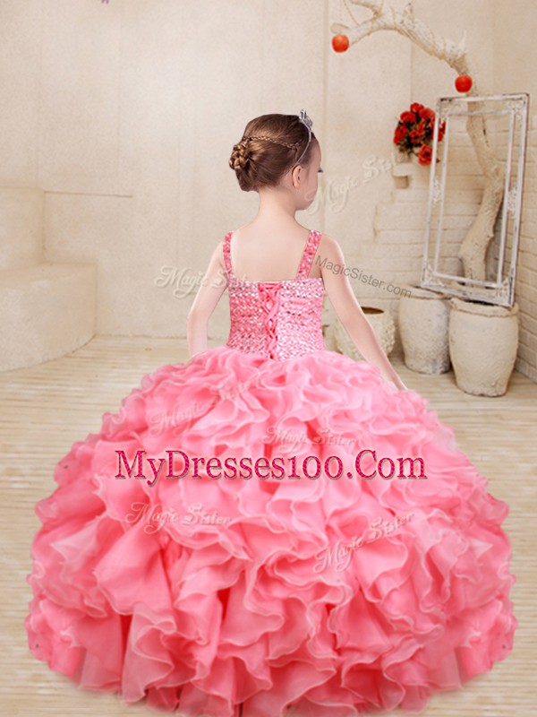 Floor Length Ball Gowns Sleeveless Watermelon Red Little Girls Pageant Gowns Lace Up