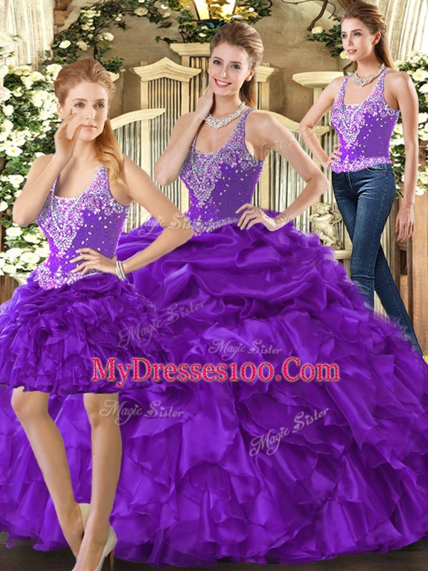 Sleeveless Floor Length Beading and Ruffles Lace Up Ball Gown Prom Dress with Purple