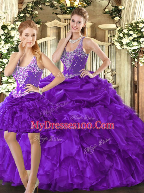 Sleeveless Floor Length Beading and Ruffles Lace Up Ball Gown Prom Dress with Purple