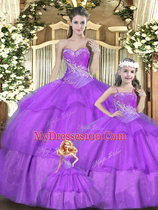 Stylish Lilac Sleeveless Tulle Lace Up Quince Ball Gowns for Military Ball and Sweet 16 and Quinceanera