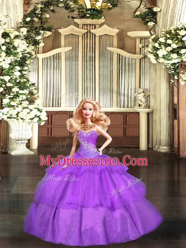 Stylish Lilac Sleeveless Tulle Lace Up Quince Ball Gowns for Military Ball and Sweet 16 and Quinceanera