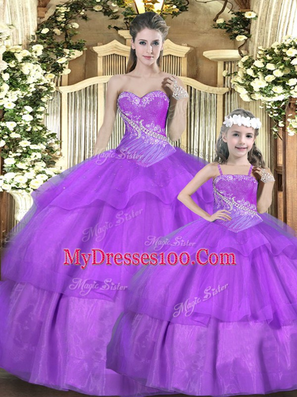 Stylish Lilac Sleeveless Tulle Lace Up Quince Ball Gowns for Military Ball and Sweet 16 and Quinceanera