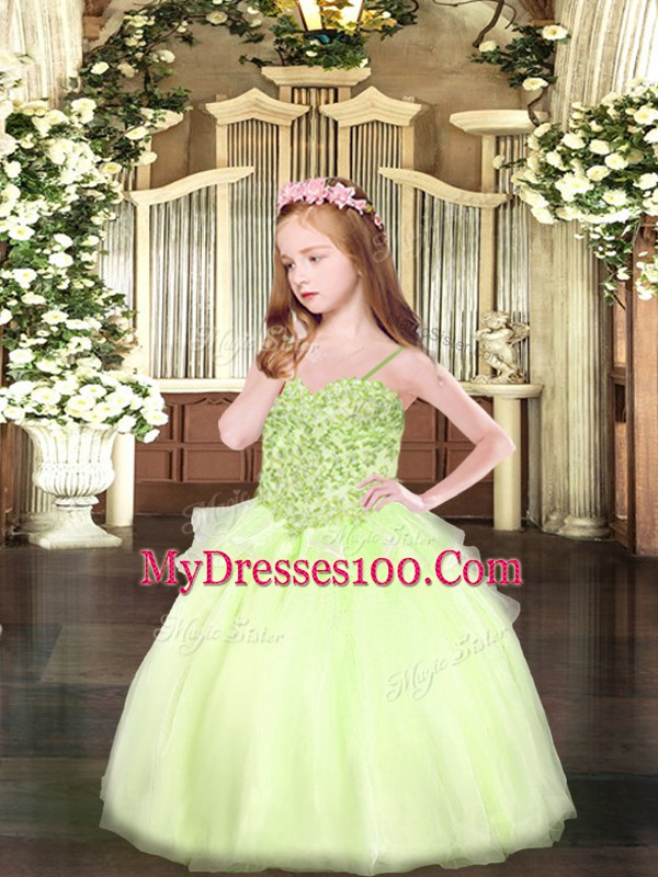 Spaghetti Straps Sleeveless Pageant Gowns For Girls Floor Length Appliques Yellow Green Organza