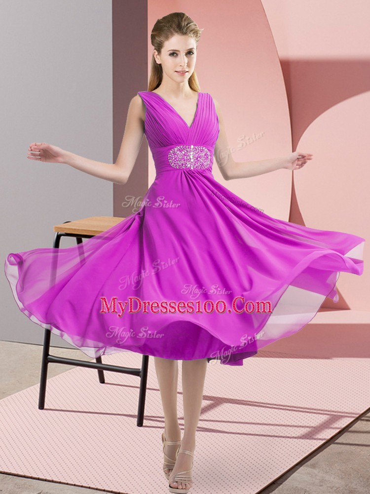 Nice Sleeveless Chiffon Knee Length Side Zipper Damas Dress in Fuchsia with Beading