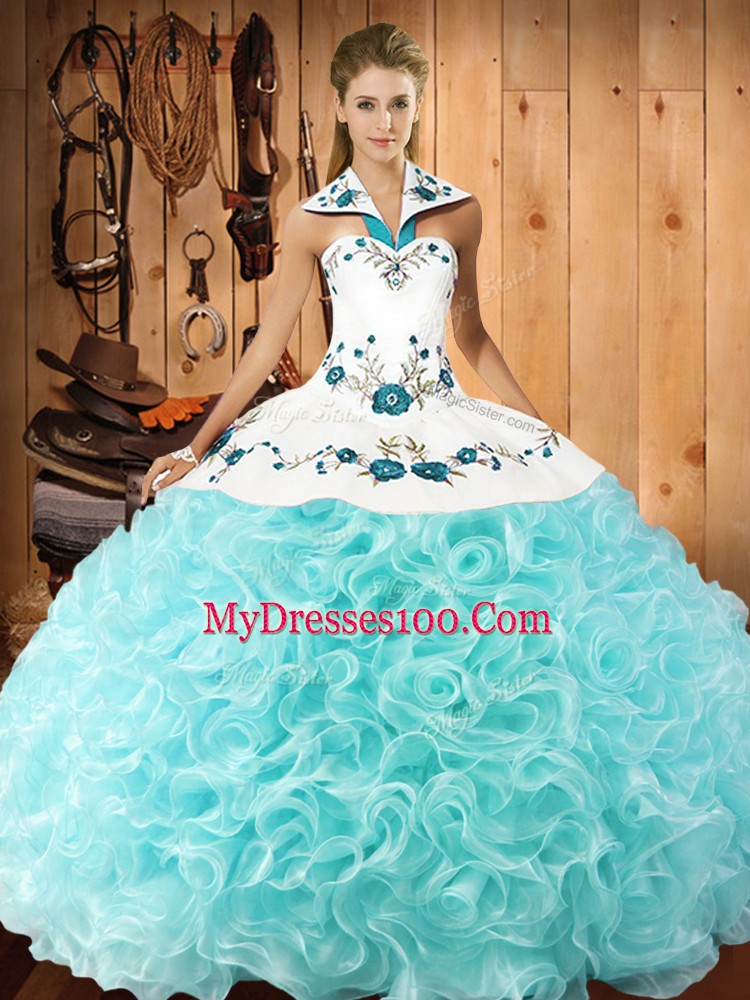 Shining Aqua Blue Lace Up Halter Top Embroidery Quinceanera Dresses Fabric With Rolling Flowers Sleeveless