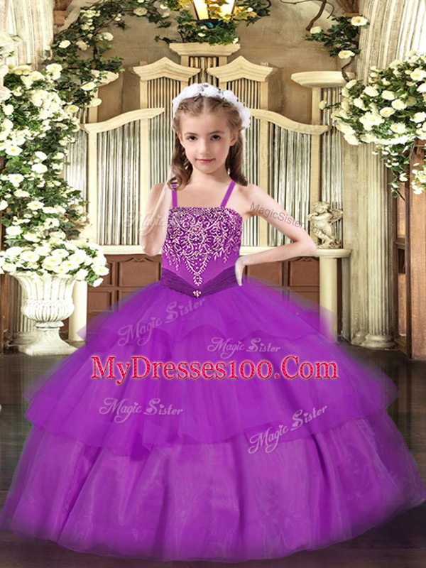 Sleeveless Beading and Ruffled Layers Lace Up Child Pageant Dress