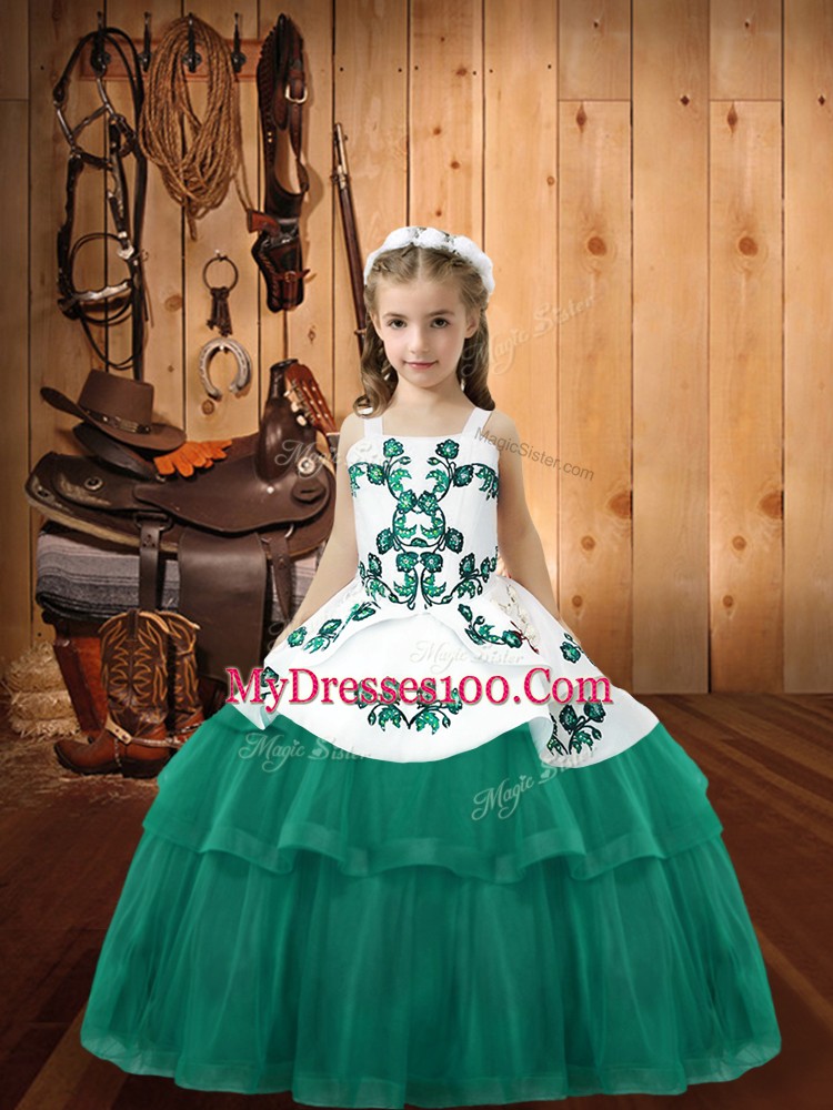 Great Floor Length Turquoise Girls Pageant Dresses Straps Sleeveless Lace Up