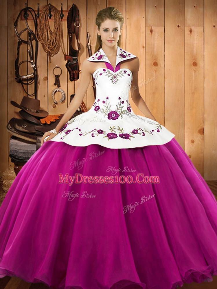 Free and Easy Fuchsia Ball Gowns Halter Top Sleeveless Satin and Tulle Floor Length Lace Up Embroidery Quinceanera Gown