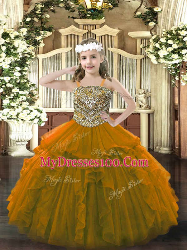 Sleeveless Organza Floor Length Lace Up Pageant Dress for Teens in Brown with Beading and Ruffles