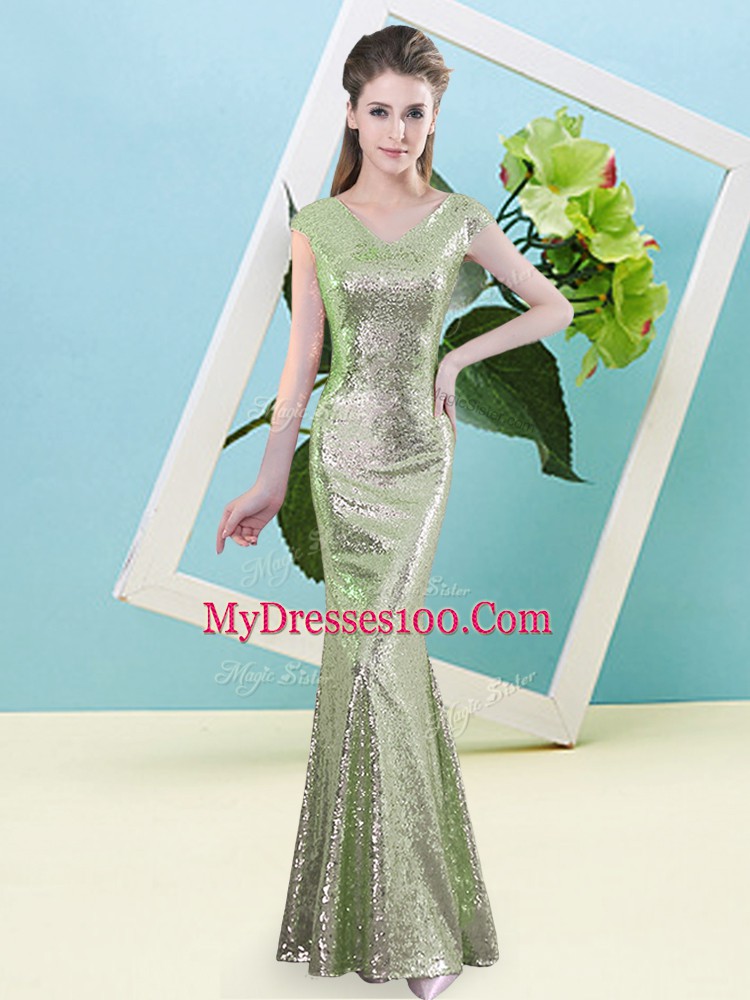 Sexy Floor Length Yellow Green Prom Dress Sequined Cap Sleeves Sequins