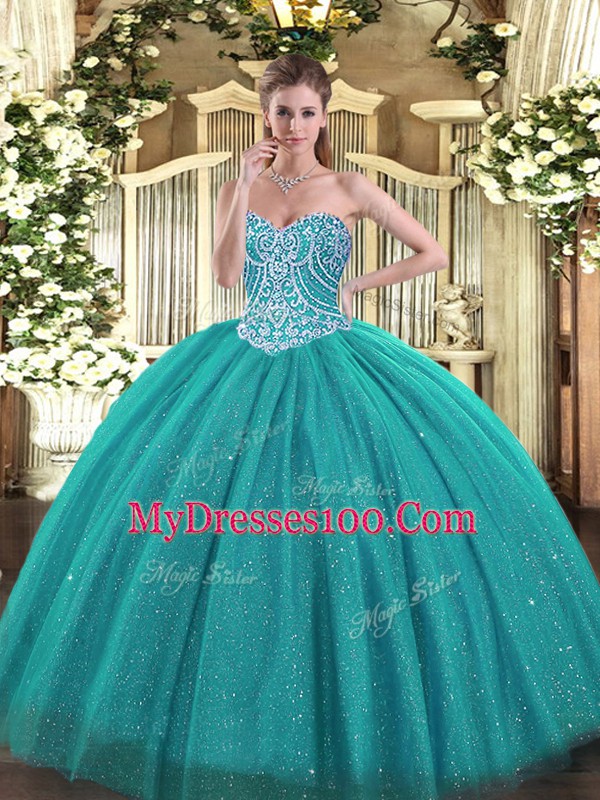 Floor Length Turquoise Sweet 16 Quinceanera Dress Sweetheart Sleeveless Lace Up