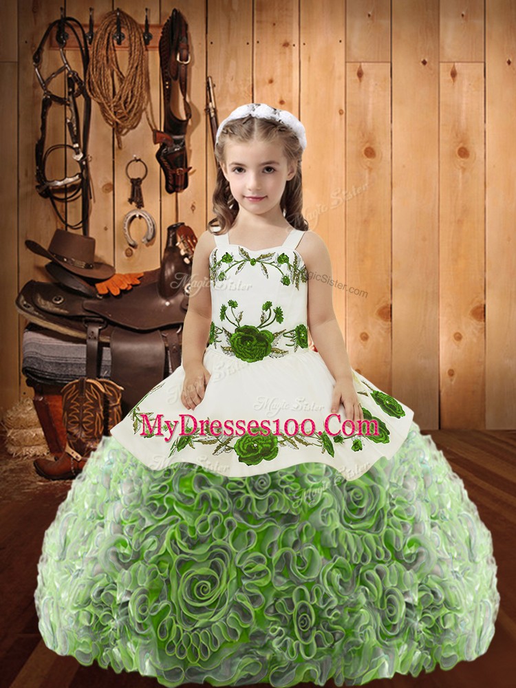 Multi-color Lace Up Straps Embroidery and Ruffles Pageant Dress for Teens Fabric With Rolling Flowers Sleeveless