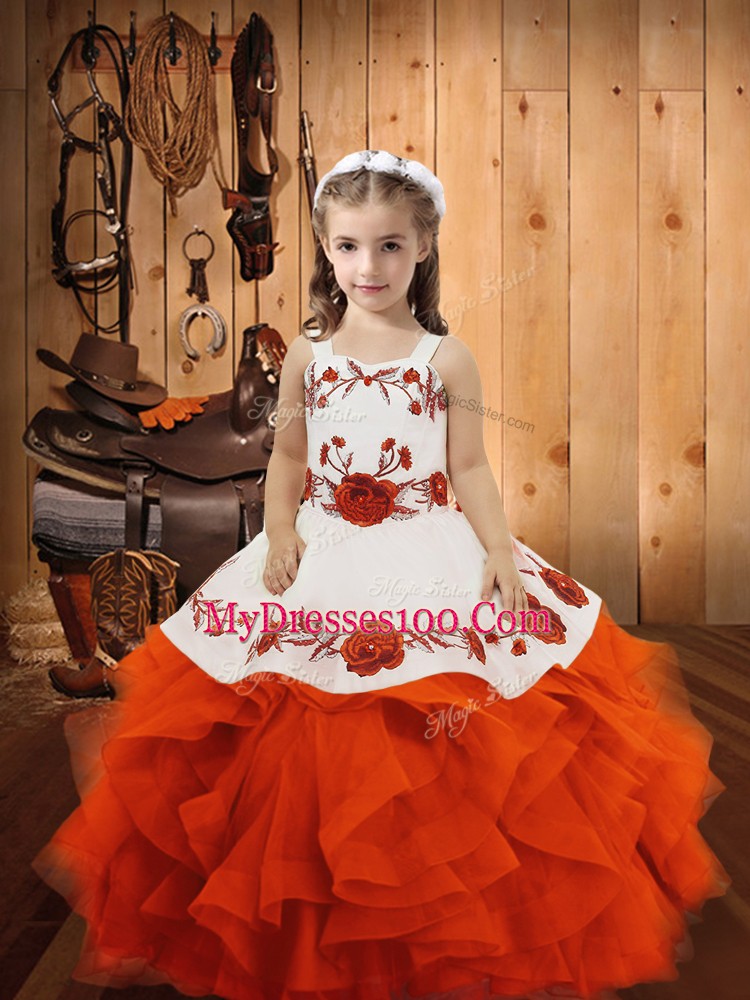Orange Red Sleeveless Floor Length Embroidery and Ruffles Lace Up Little Girls Pageant Dress