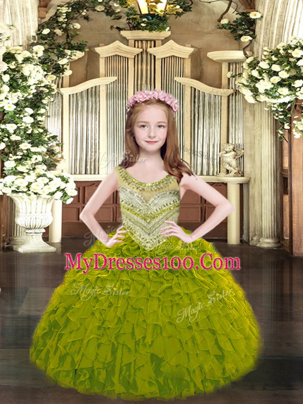 Sleeveless Organza Floor Length Lace Up Pageant Gowns For Girls in Olive Green with Beading and Ruffles